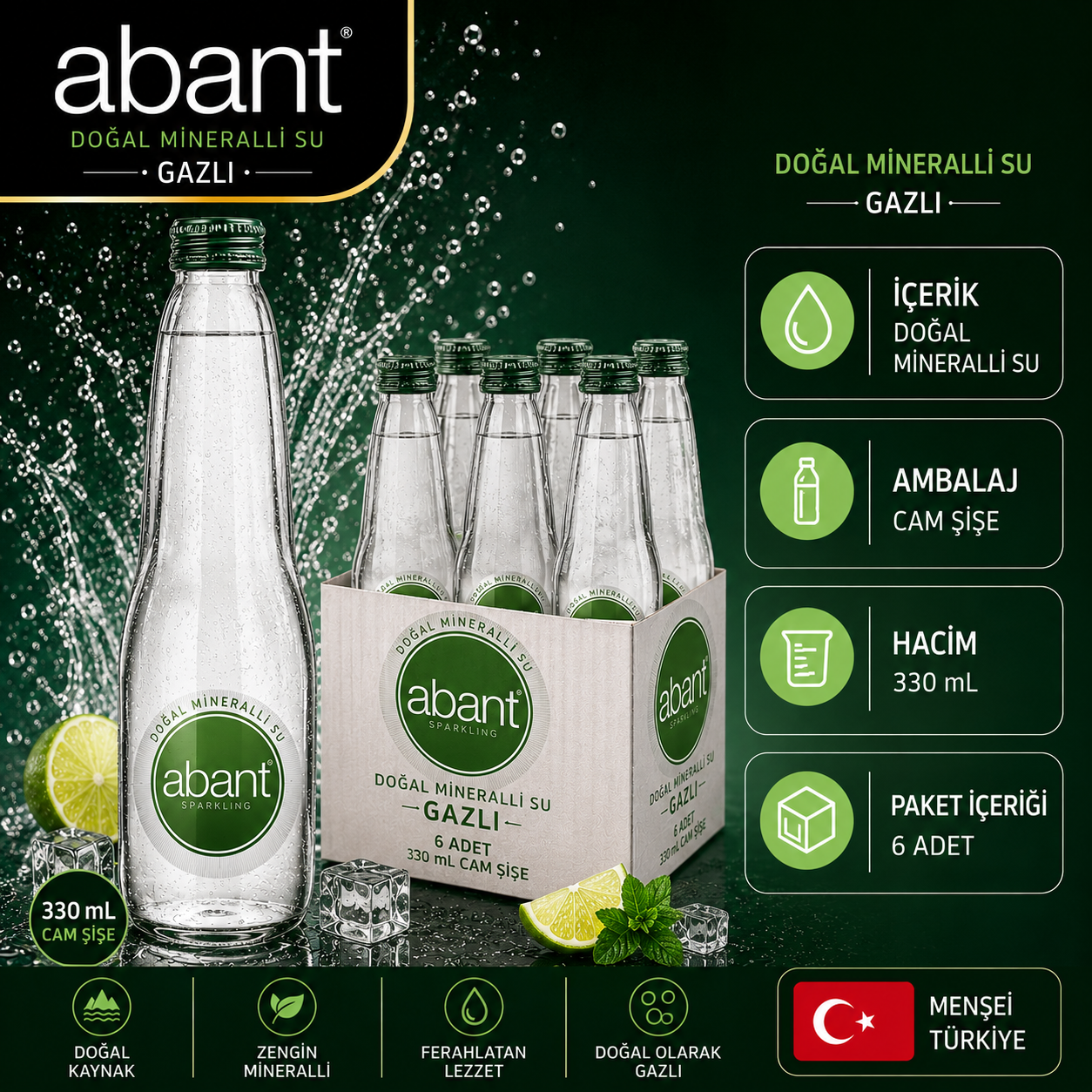 Abant Gazlı Su Cam Şişe 330 ML x 6