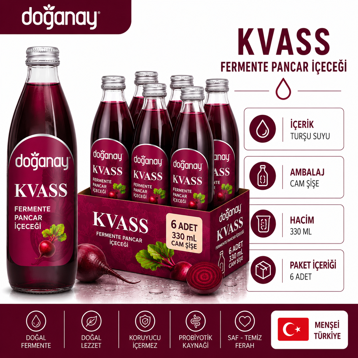 Doğanay Fermente Pancar Suyu Kvass Cam 330 ML X 6