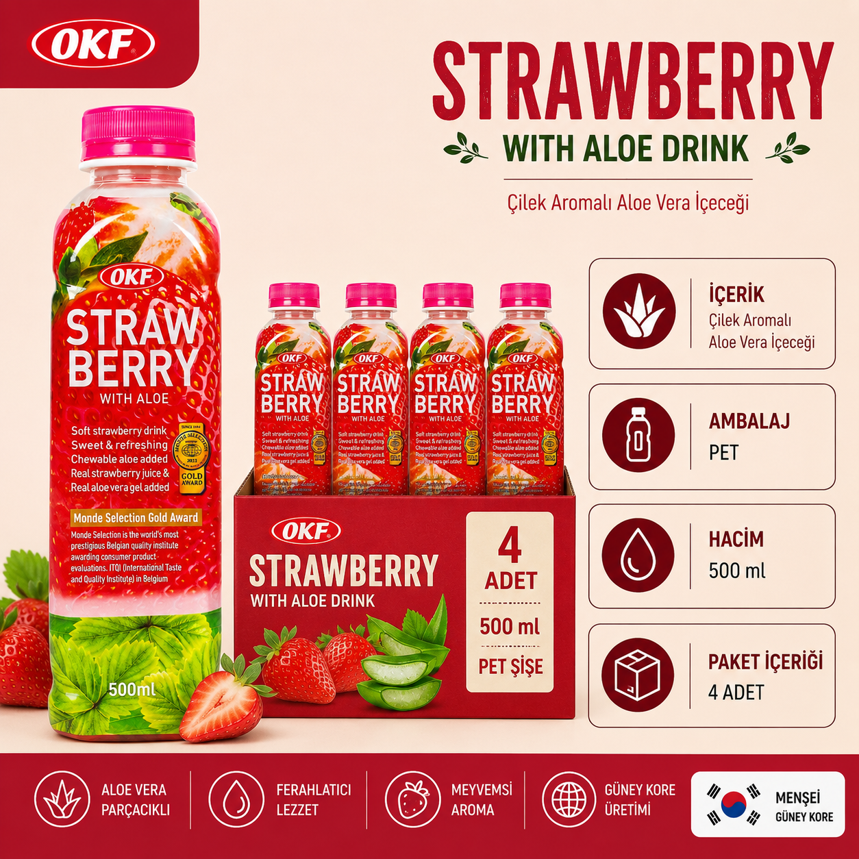 OKF Çilek Aromalı Aloe Veralı İçeceği 500 ml x 4