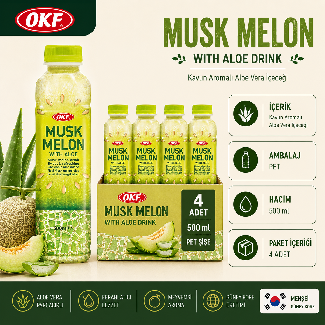 OKF Kavun Aromalı Aloe Veralı İçeceği 500 ml x 4