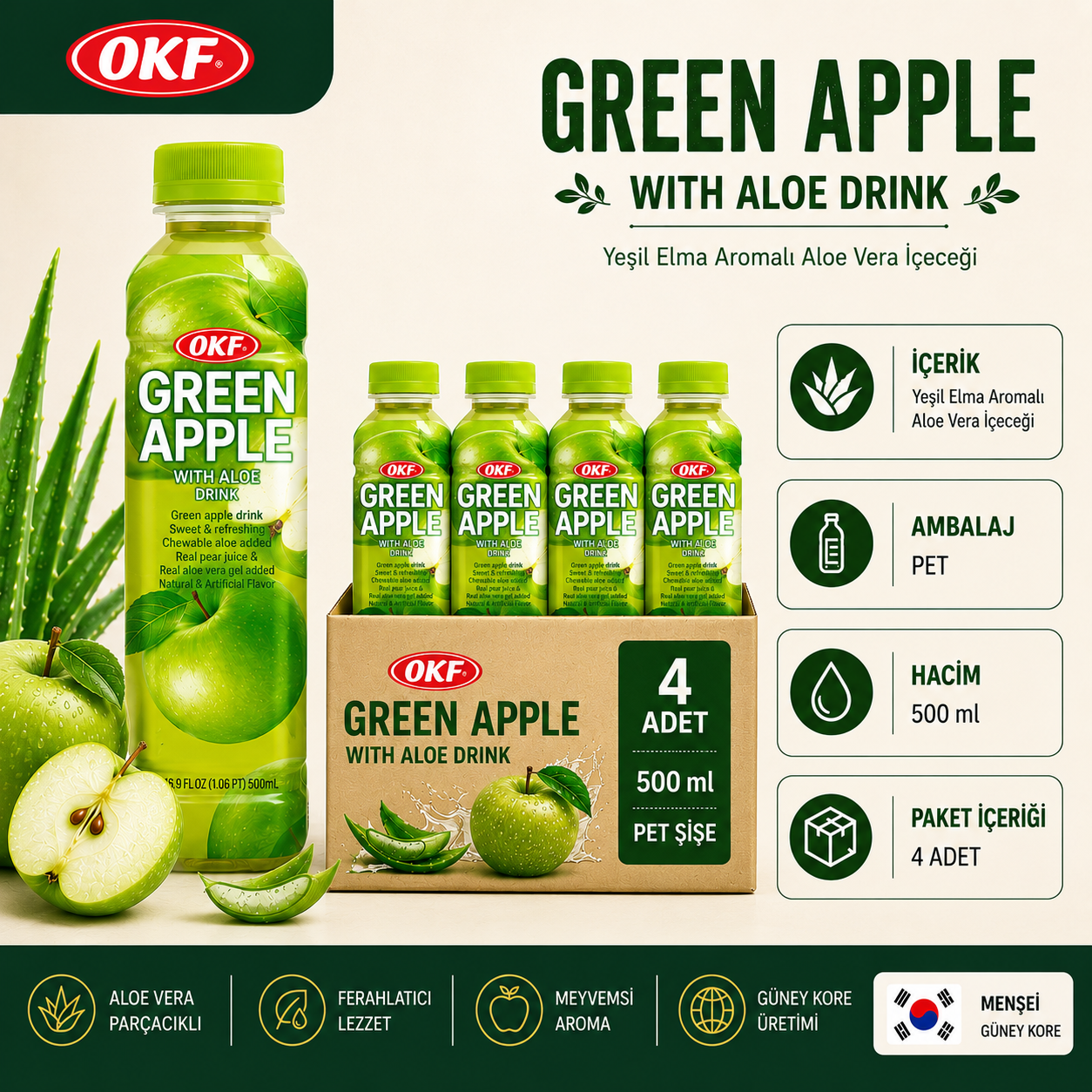OKF Yeşil Elma Aromalı Aloe Veralı İçeceği 500 ml x 4
