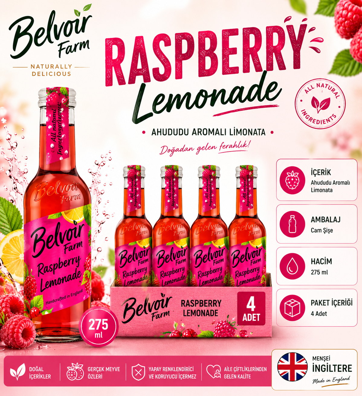 Belvoir Farm Ahududu Aromalı Limonata 275 ml x 4