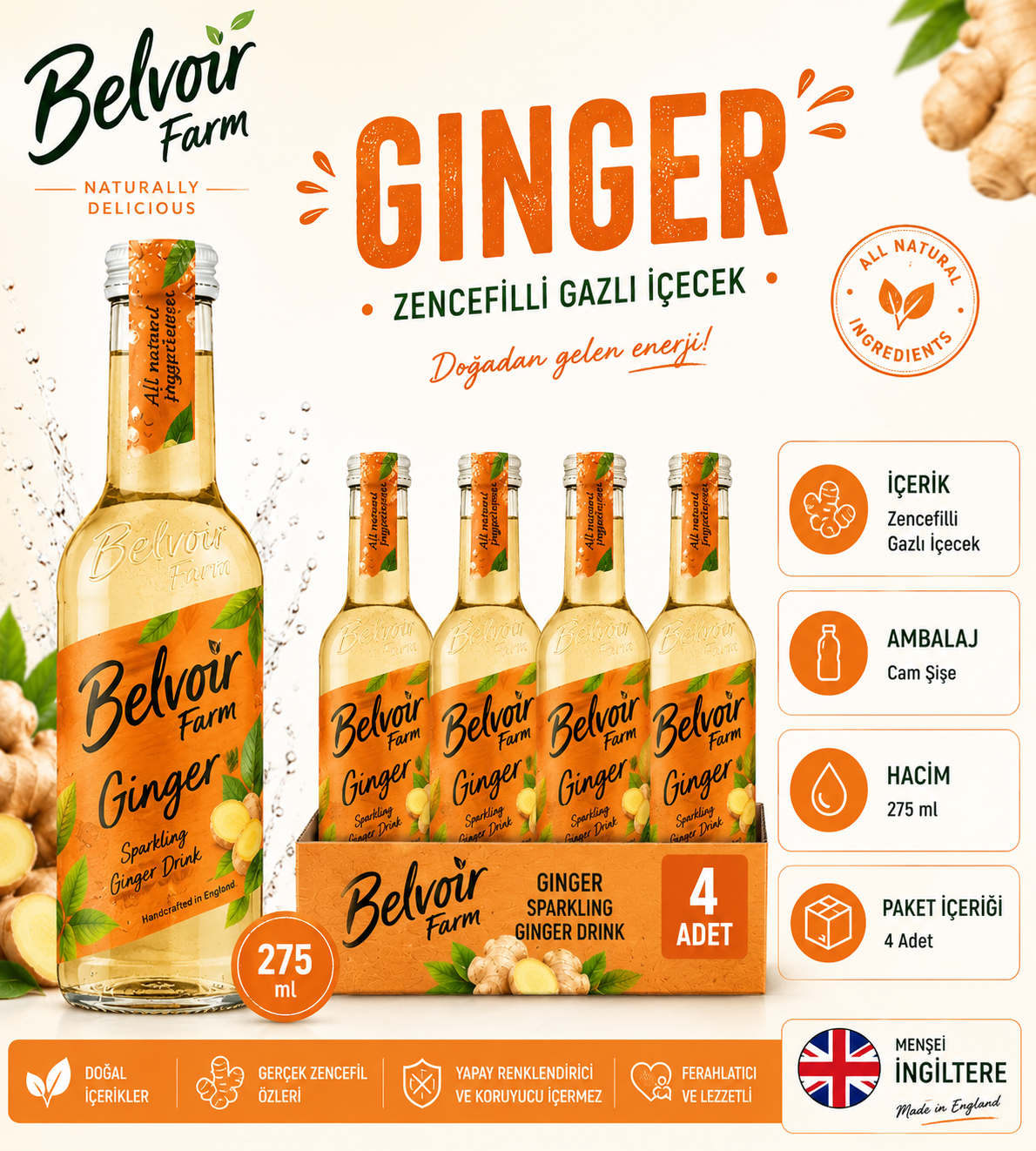 Belvoir Farm Zencefilli Gazlı İçecek 275 ml x 4
