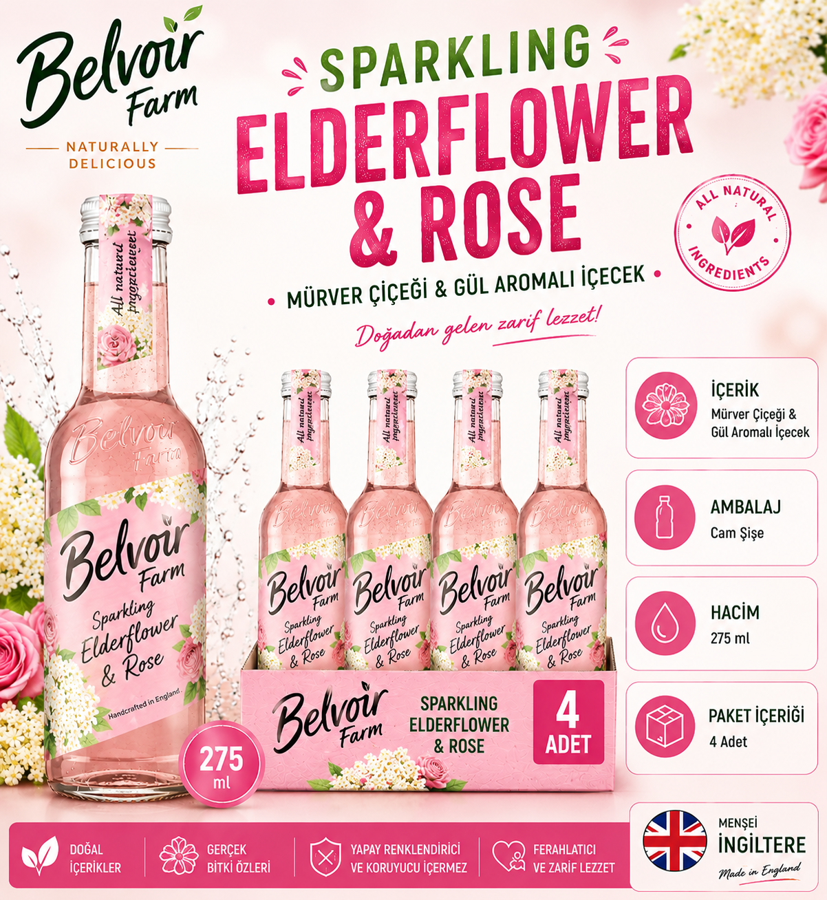 Belvoir Farm Mürver Çiçeği ve Gül Aromalı İçecek 275 ml x 4