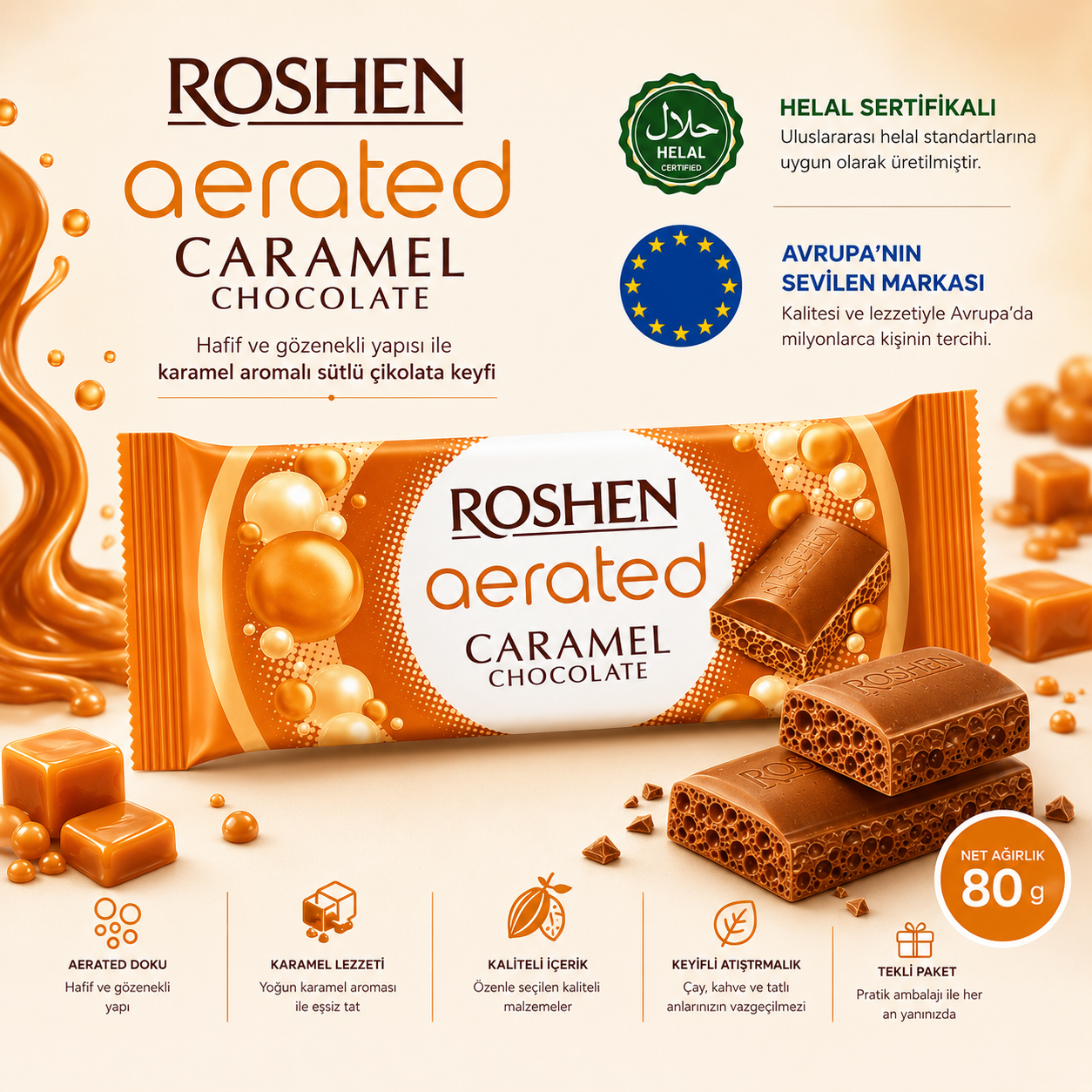 Roshen Karamelli Baloncuklu Çikolata 80 Gr