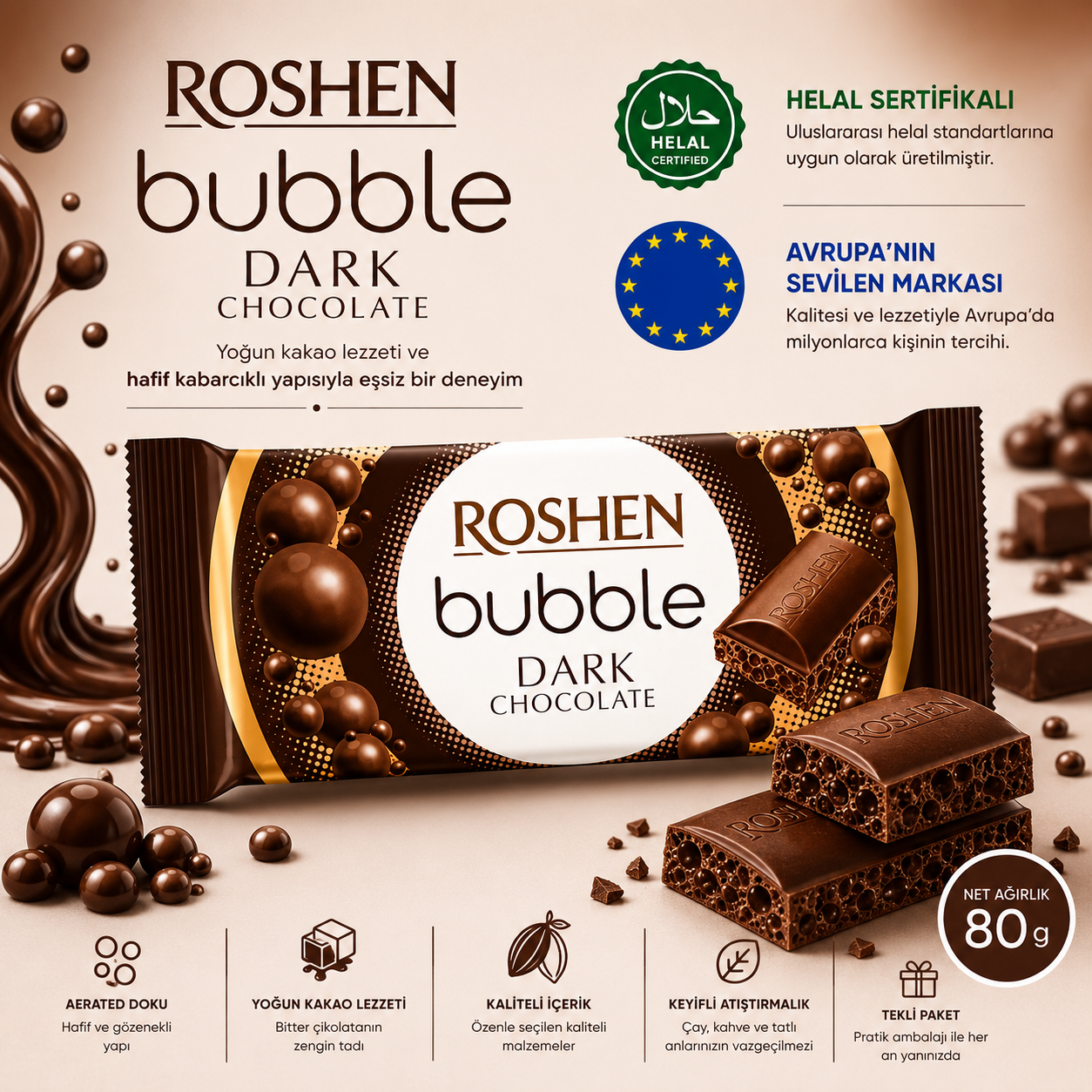 Roshen Bitter Çikolatalı Baloncuklu Çikolata 80 Gr