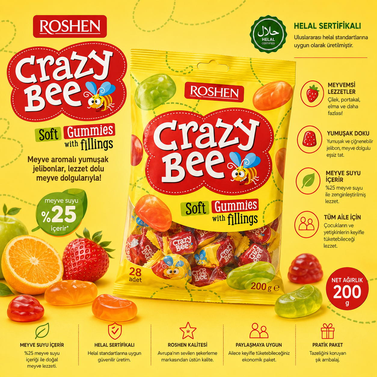 Crazy Bee Meyve Aromalı Yumuşak Şekerleme 200 gr
