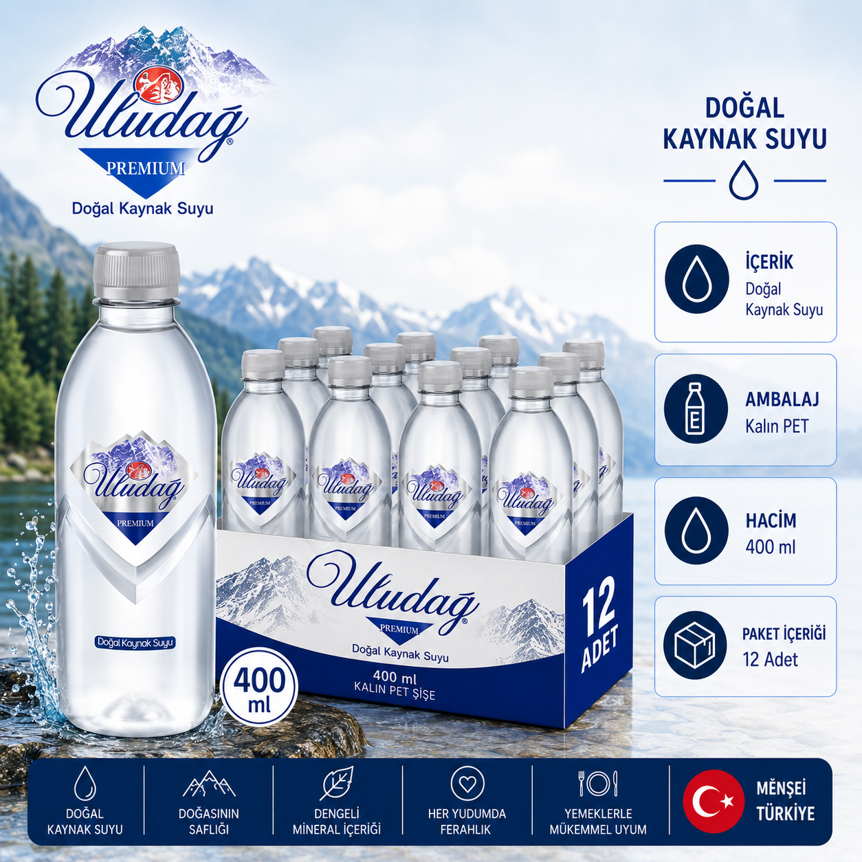 Uludağ Premium Kaynak Suyu Pet 12×400 Ml