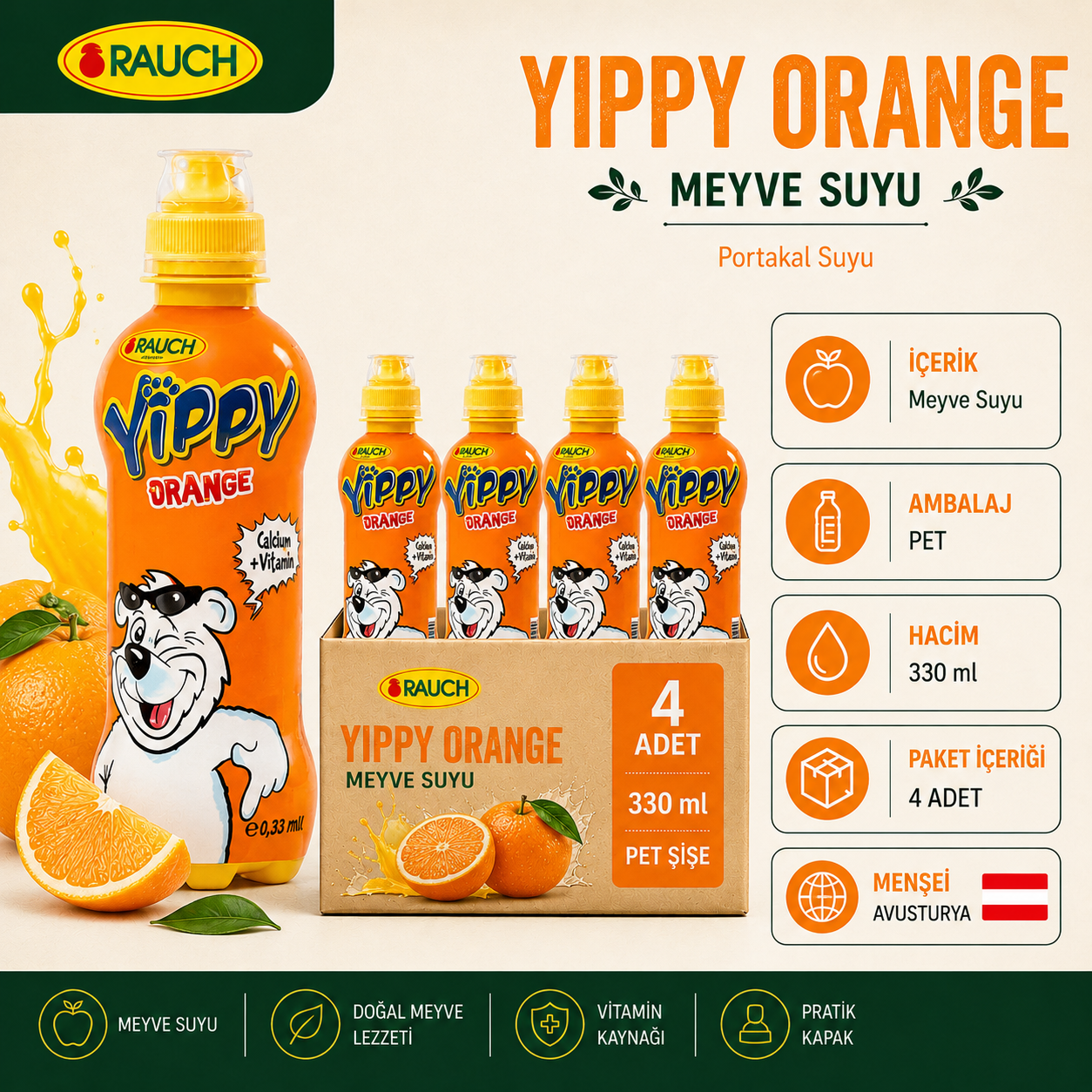 Yippy Multivitamin Portakal Meyve Suyu 330ml x 4