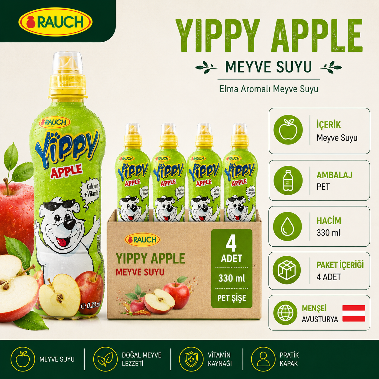 Yippy Multivitamin Elmalı Meyve Suyu 330ml x 4