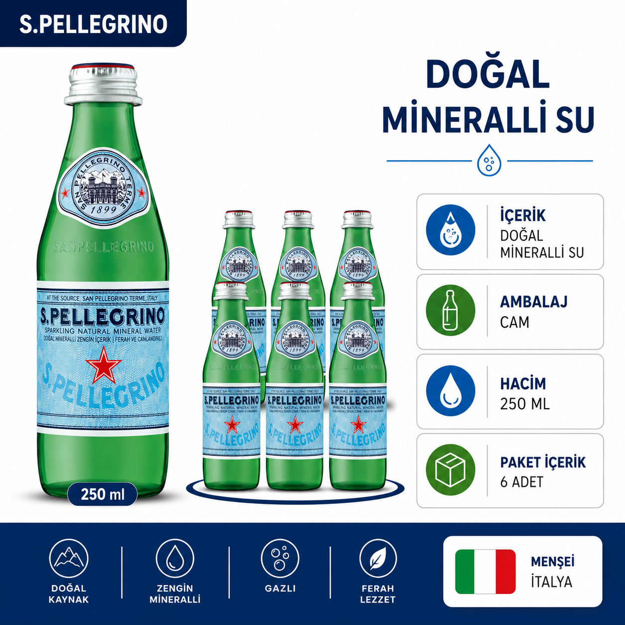 San Pellegrino Doğal Zengin Mineralli Su 6 X 250 ML