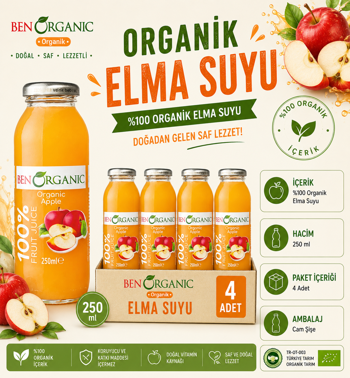 BenOrganic Organik Elma Suyu 4x250ml