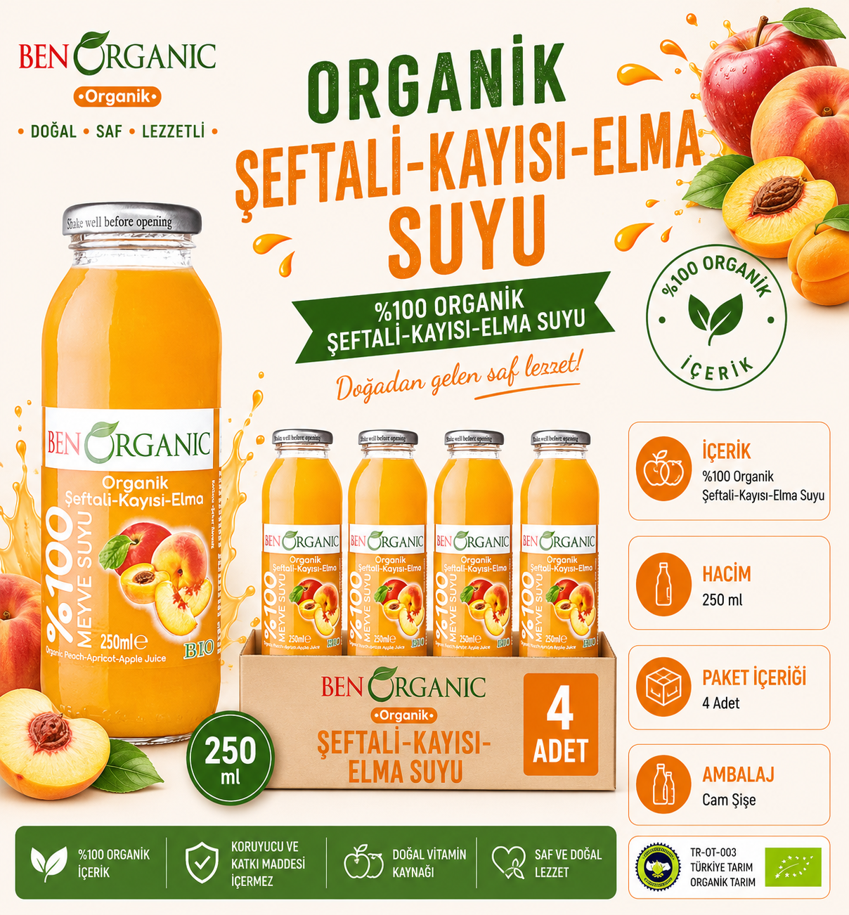 BenOrganic Organik Şeftali Kayısı Elma Suyu 4x250ml