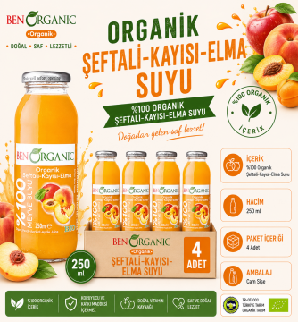 BenOrganic Organik Şeftali Kayısı Elma Suyu 4x250ml