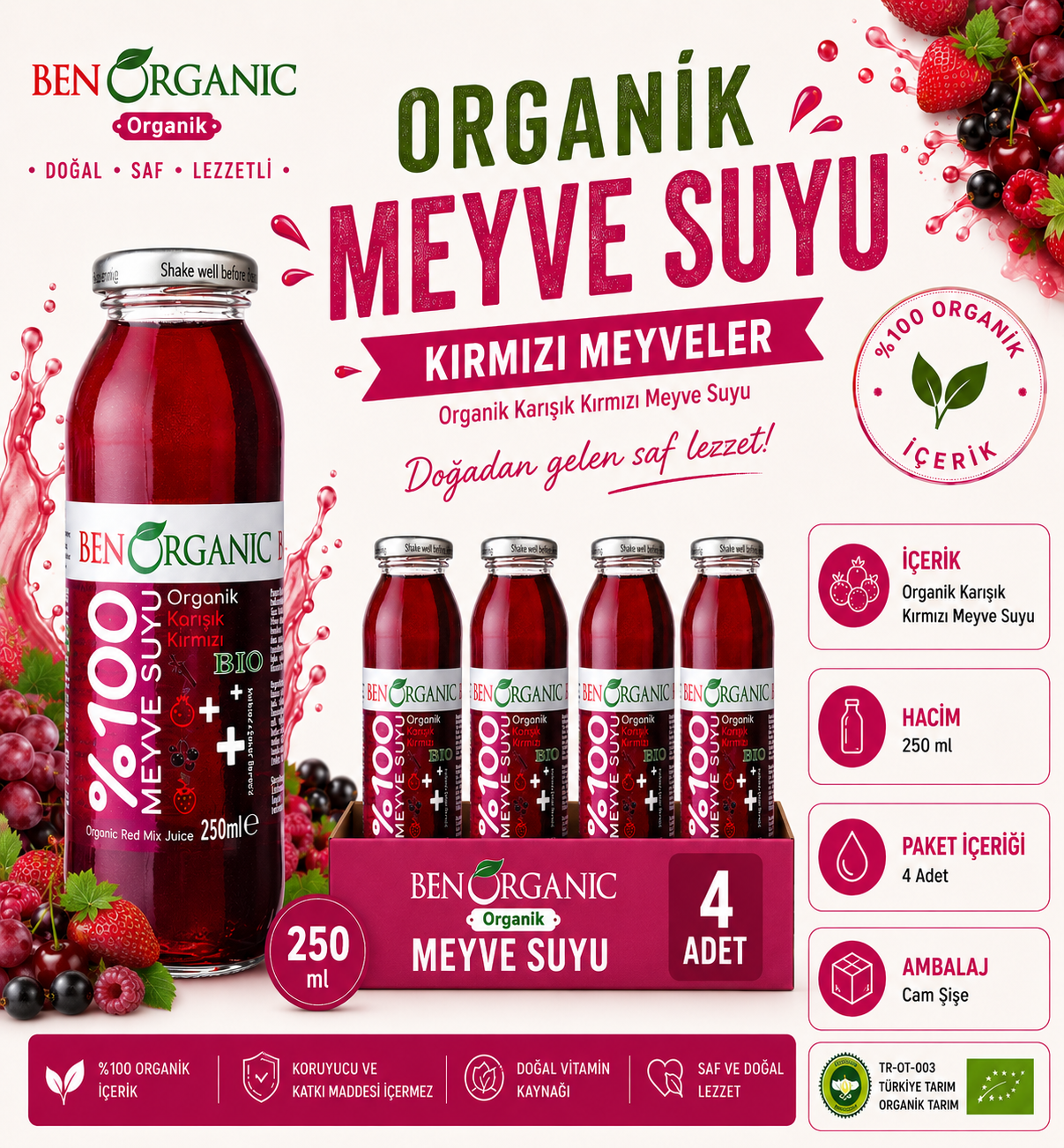 BenOrganic Organik Kırmızı Meyveler Suyu 4x250 ml