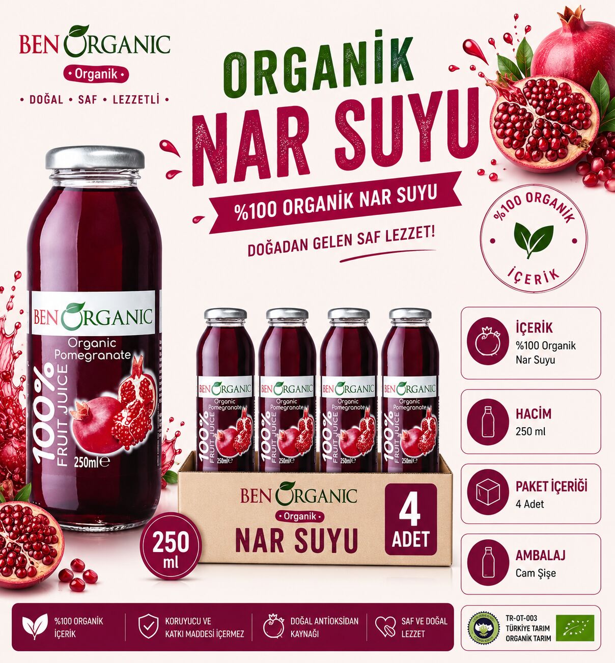 BenOrganic Organik Nar Suyu 4x250 ml