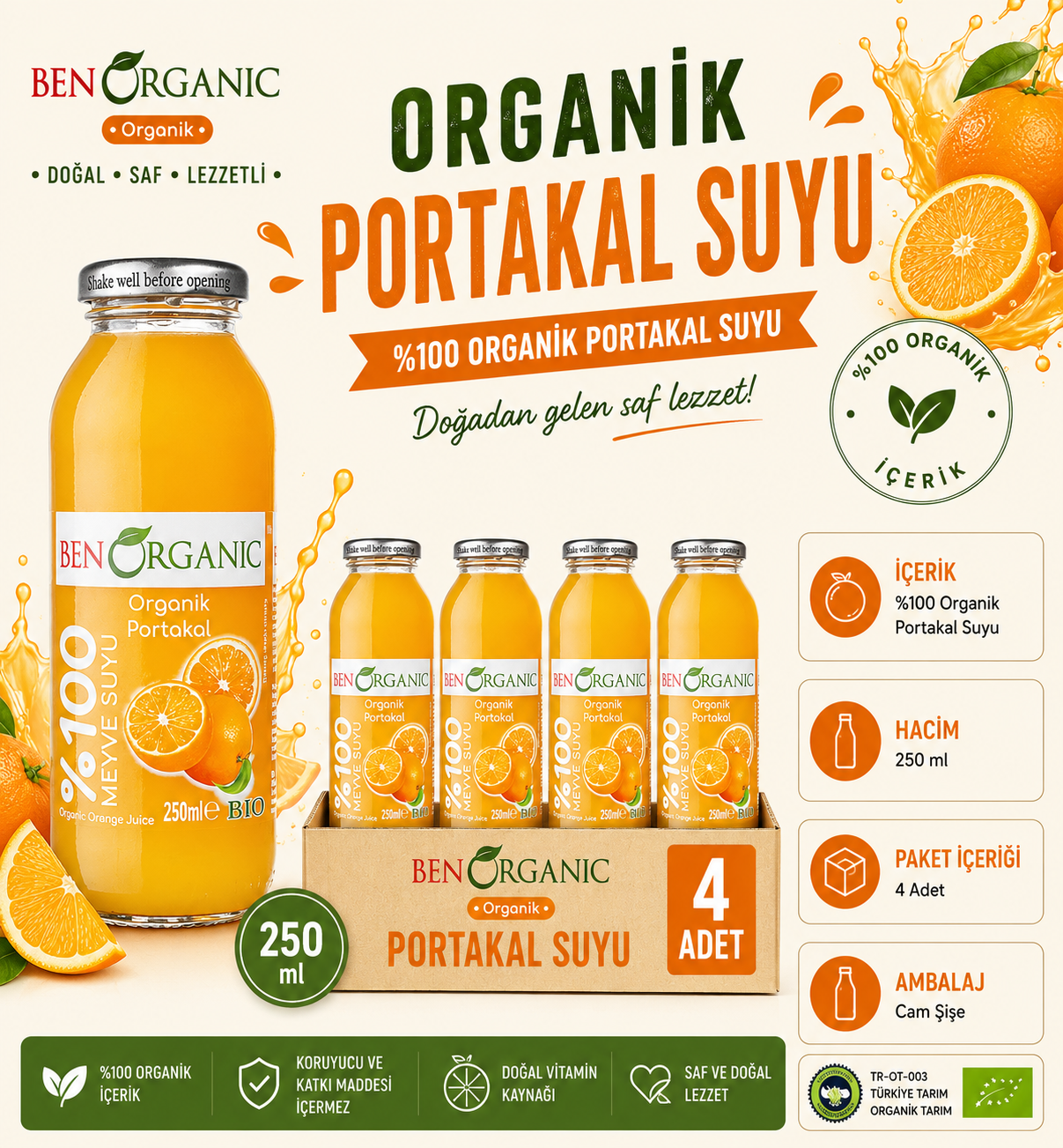 BenOrganic Organik Portakal Suyu 4x250ml