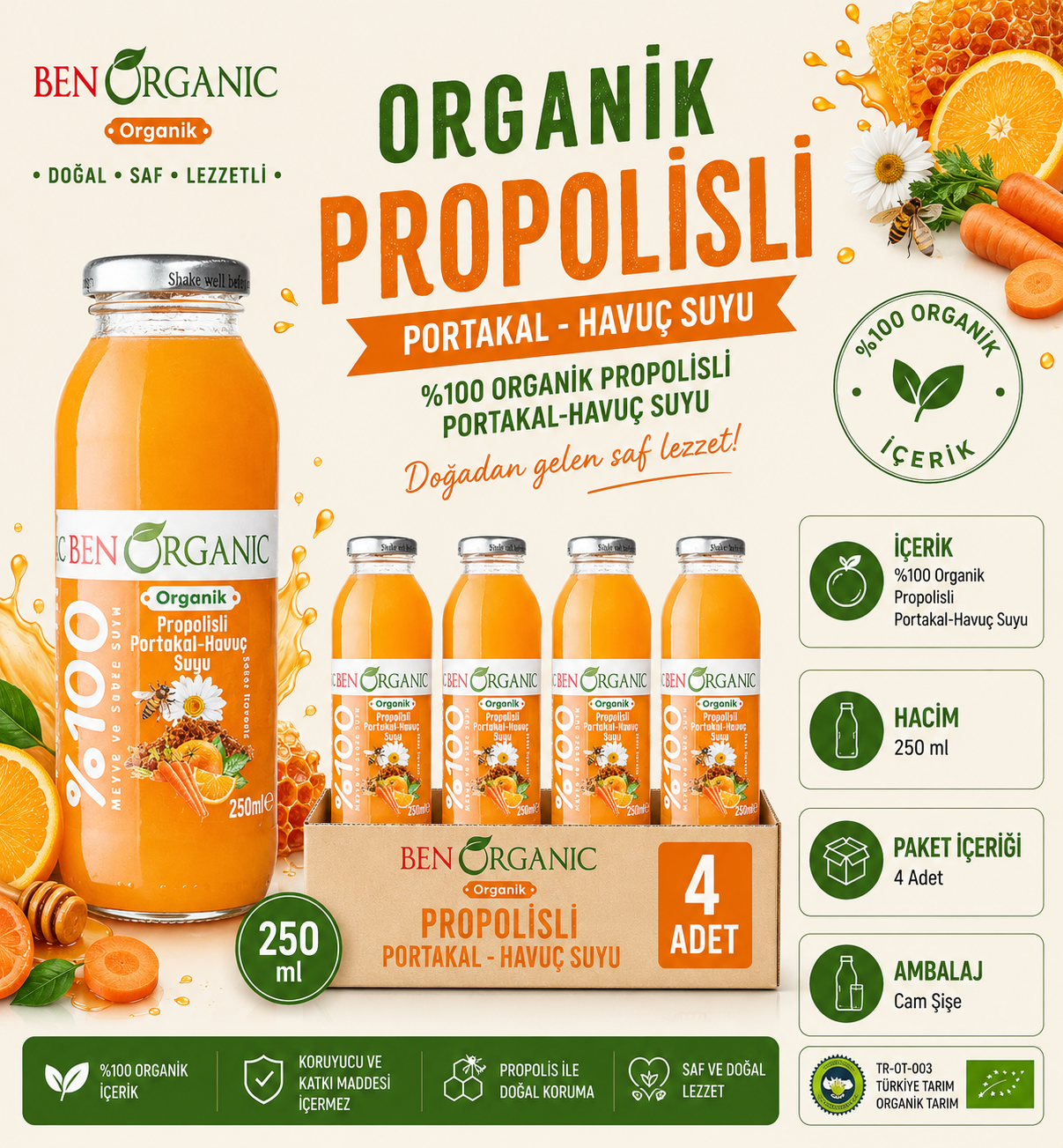 BenOrganic Organik Propolisli Portakal ve Havuç Suyu 4x250ml