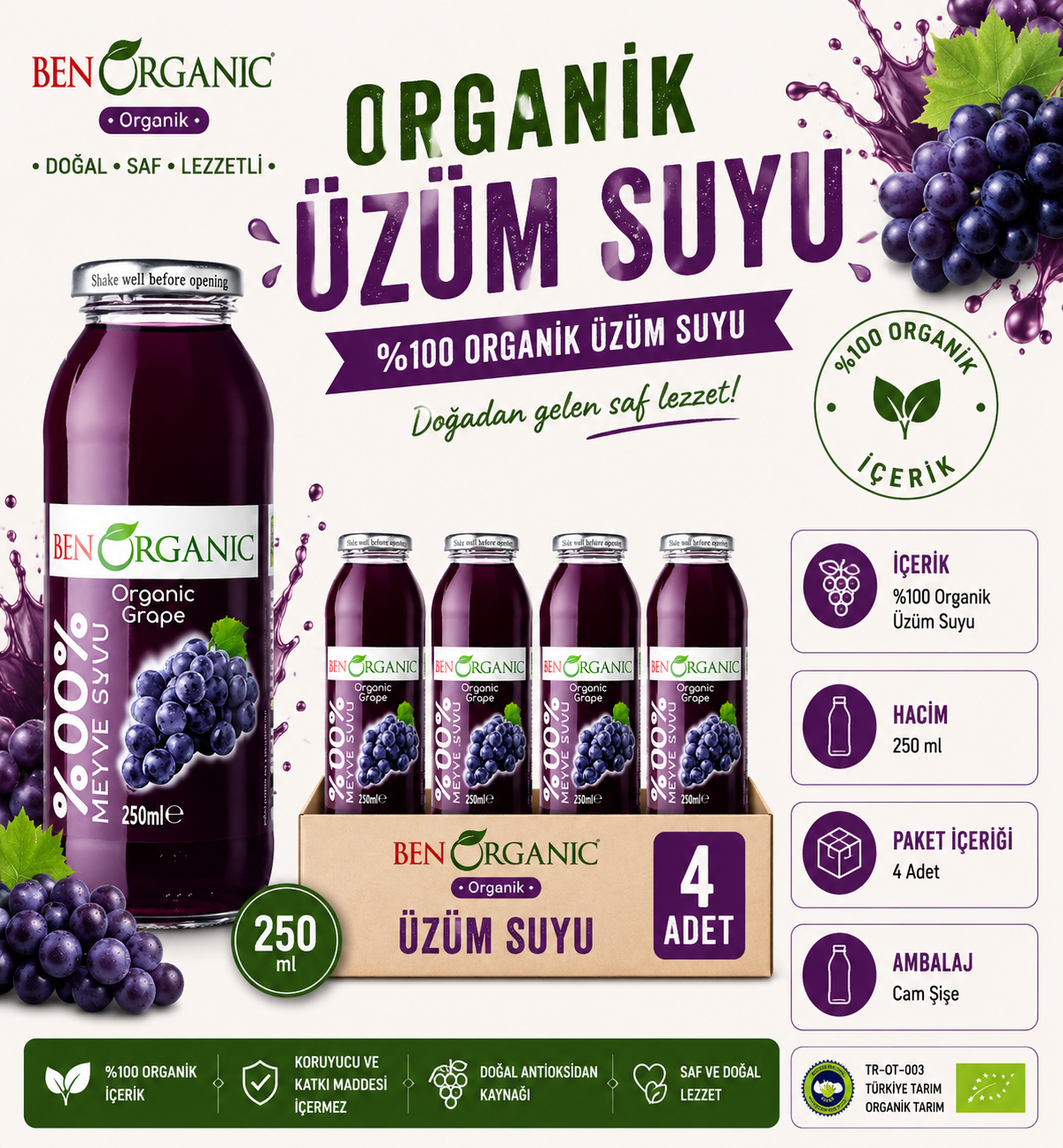 BenOrganic Organik Üzüm Suyu 4x250ml