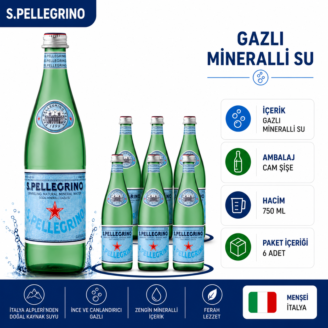 San Pellegrino Doğal Zengin Mineralli Su 6x750 Ml