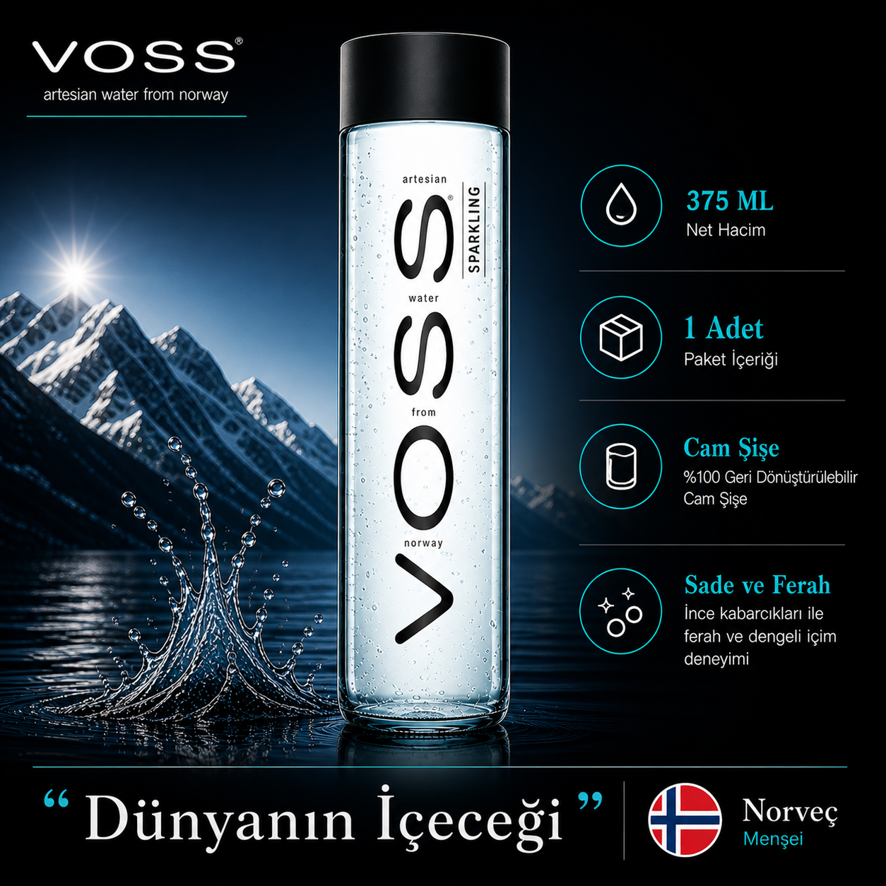 VOSS Gazlı Su (Sparkling Water) Cam Şişe 375 ML