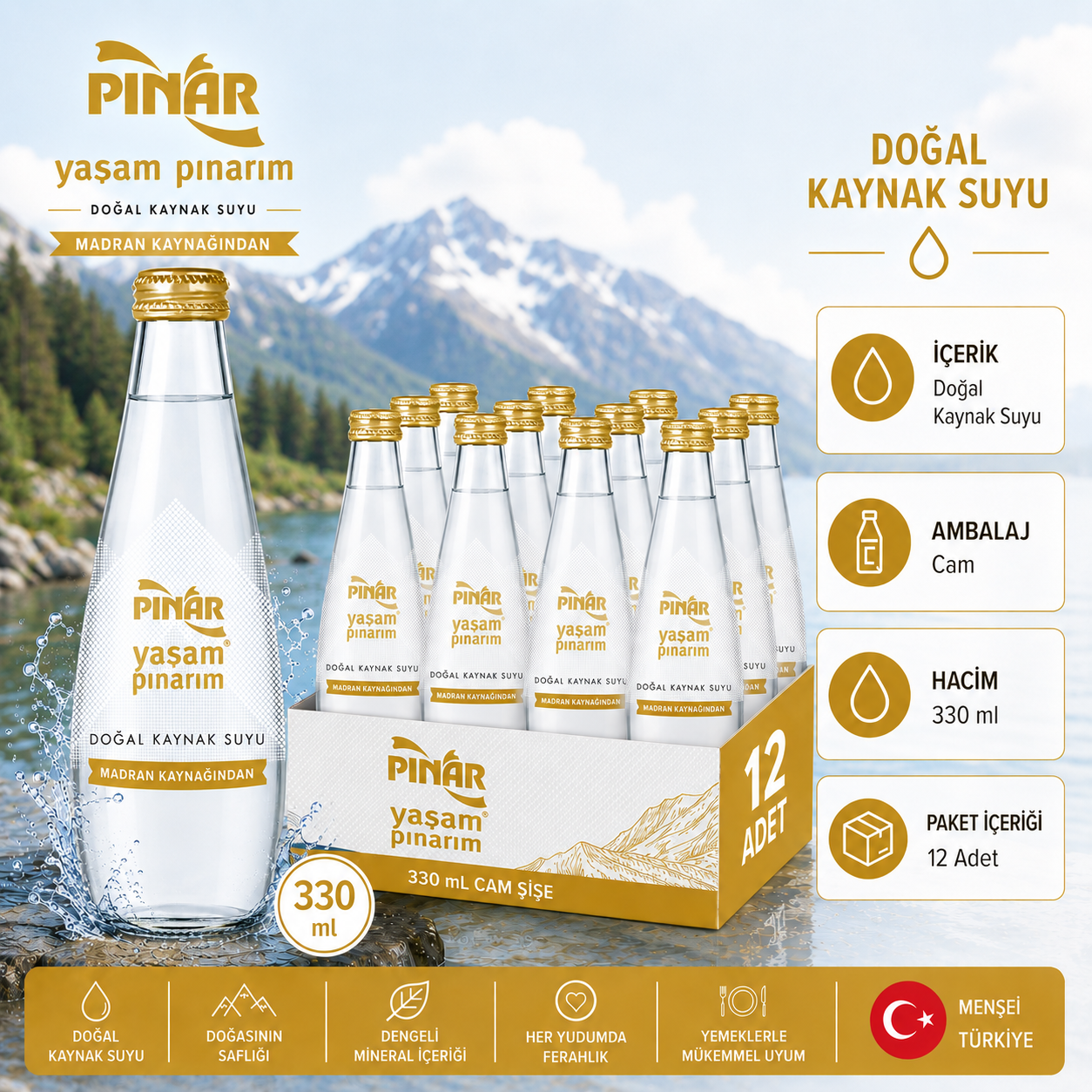 PINAR Madran Cam Sişe Su 330 ML x 12